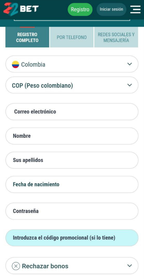 Registro en 22Bet
