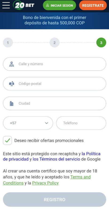 Registro en 20Bet