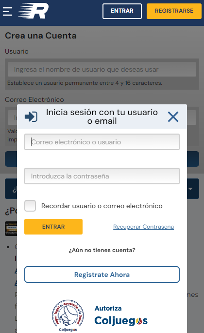 Inicio de sesión en la cuenta de Rushbet en Colombia