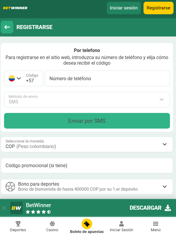 Crear una cuenta en Betwinner Colombia paso a paso